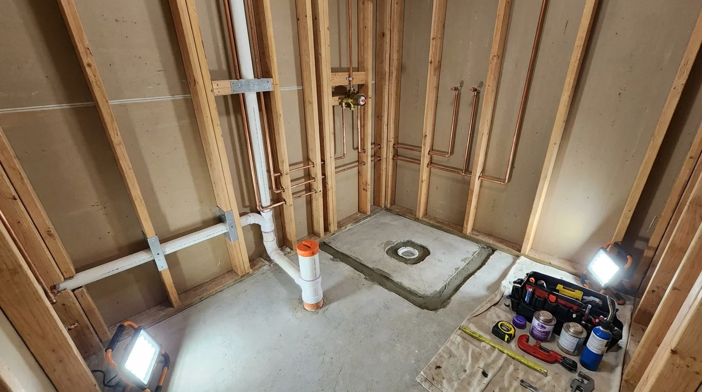 Bathroom rough-in plumbing during remodel by Johns Plumbing LLC in Oglethorpe