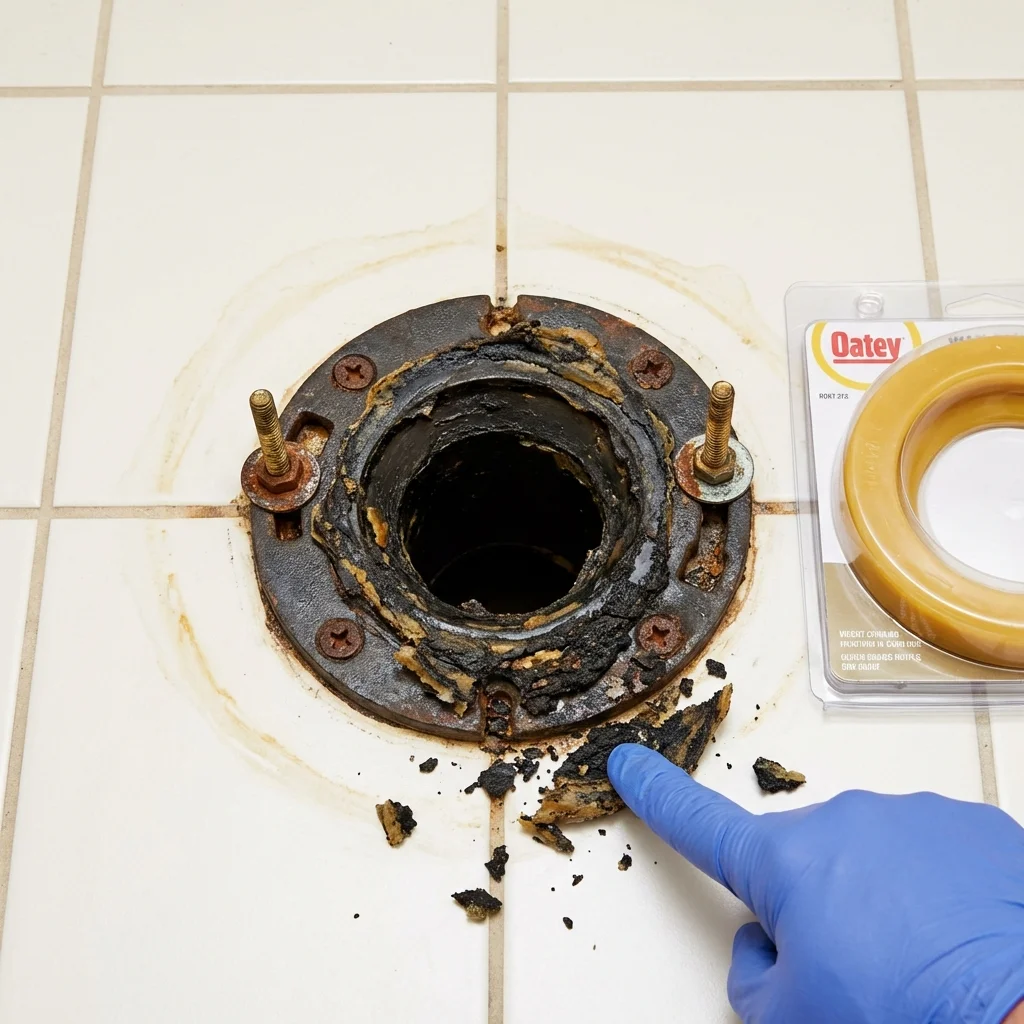 Failed wax ring showing water seepage at the base of a toilet in a Oglethorpe, GA home