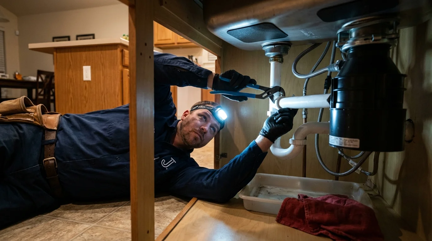 P-trap and supply line connections under a kitchen sink showing a common leak point in Oglethorpe, GA
